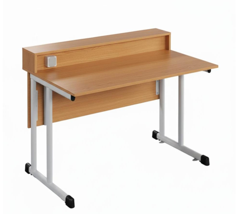 Стіл демонстраційний з розеткою, 1200х750х900мм, на вертикальній плоскоовальній трубі, стільниця покрита пластиком HPL (ЛЕОНТЕК) (100304 HPL)